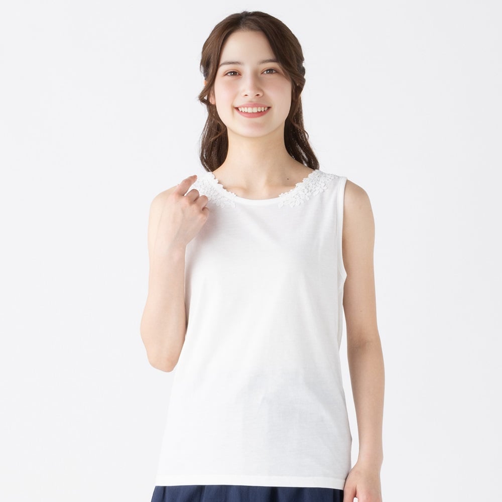 2Way襟レース使いタンクトップ オーガニック綿混 レディス SELF+