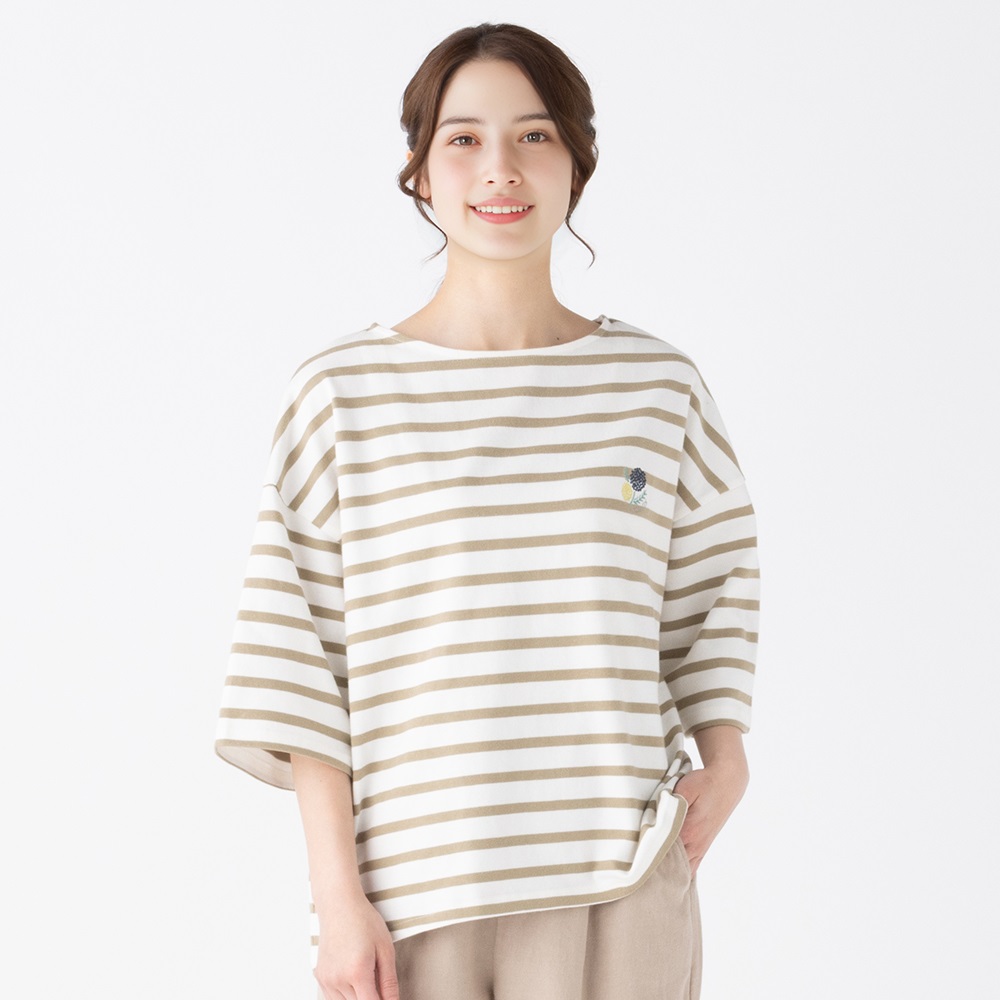 オーガニック綿糸 ボーダー刺繍入りプルオーバー レディス SELF+