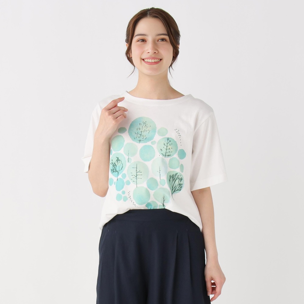 tシャツ オーガニック・バンブー　立体裁断トップス レディース オーガニック綿糸 フォレストプリントTシャツ レディス SELF+