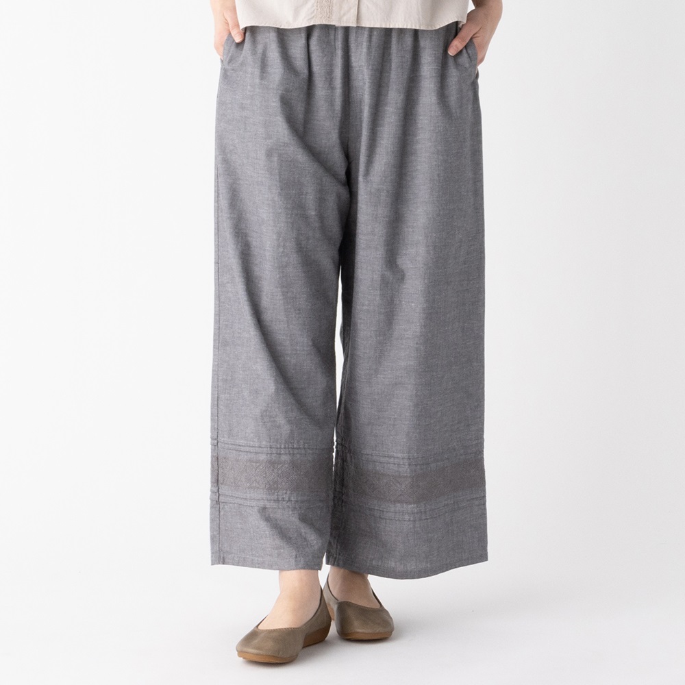 EXPAND オーガニック綿入 裾刺繍パンツ 裏地付き レディス SELF+