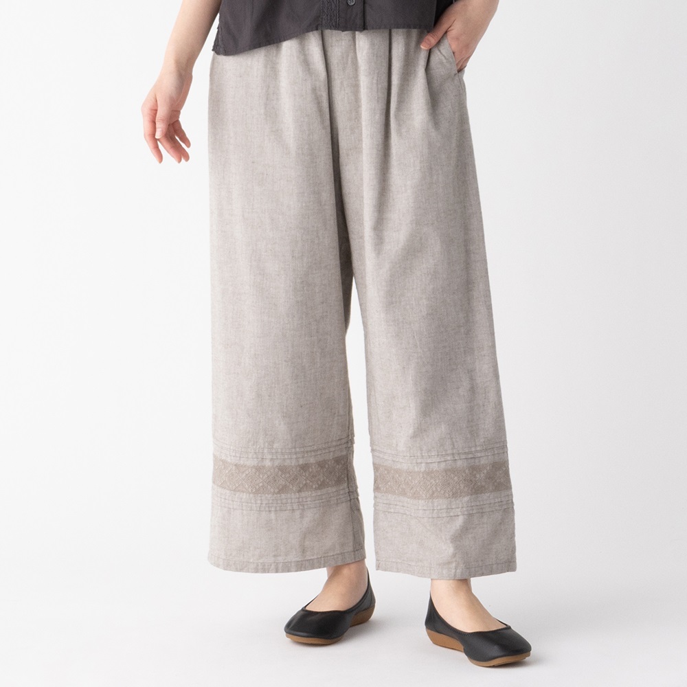 EXPAND オーガニック綿入 裾刺繍パンツ 裏地付き レディス SELF+
