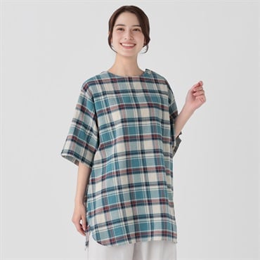 【ポイント25倍対象商品】オーガニック綿入 チェックチュニック 5分袖  レディス SELF+SERVICE(セルフ＋サービス)(ブルー×キナリチェック-L)
