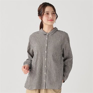 オーガニック綿入 チビエリシャツ レディス SELF+SERVICE(セルフ＋サービス)(ネイビーミニチェック-XL)