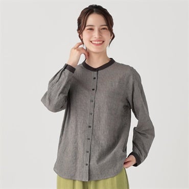 オーガニック綿入 クレリックシャツ レディス SELF+SERVICE(セルフ＋サービス)(チャコール×グレージュギンガム-XL)
