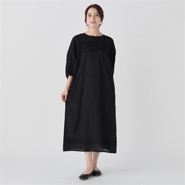 【ポイント25倍対象商品】EXPAND リサイクル麻入 タック使いワンピース レディス SELF+SERVICE(セルフ＋サービス)(クロ-L)