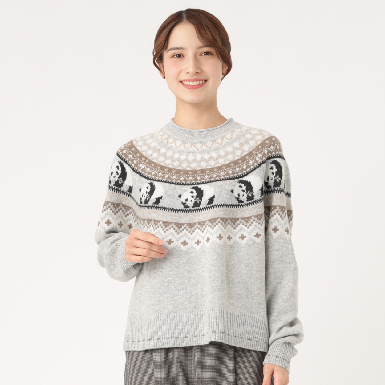 モモンガセーター EC先行発売】ラムウール混アニマルジャカードニット パンダ柄 レディス