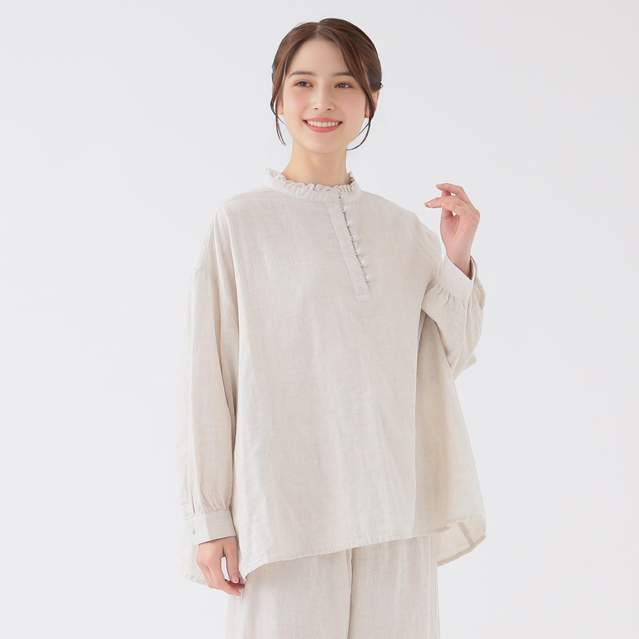オーガニック綿糸 ダブルガーゼスタンドフリルブラウス レディス SELF+SERVICE(セルフ＋サービス) PLS-71139-SS(キナリ-XL)