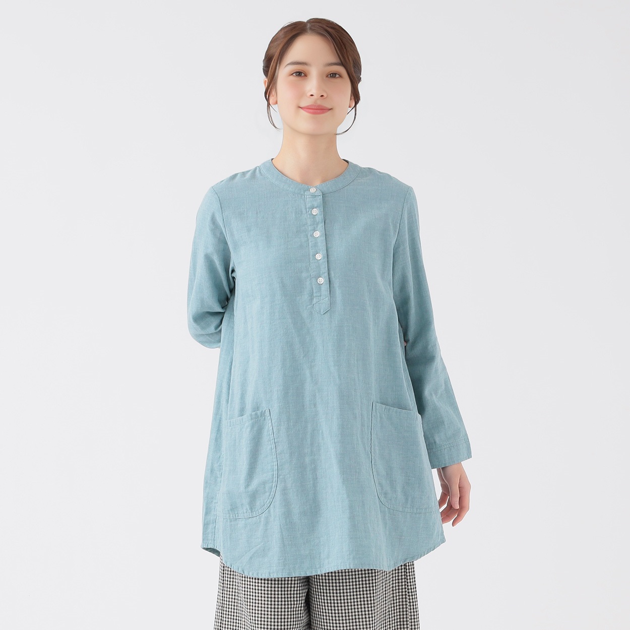 オーガニック綿糸 ダブルガーゼヘンリーポケットチュニック レディス