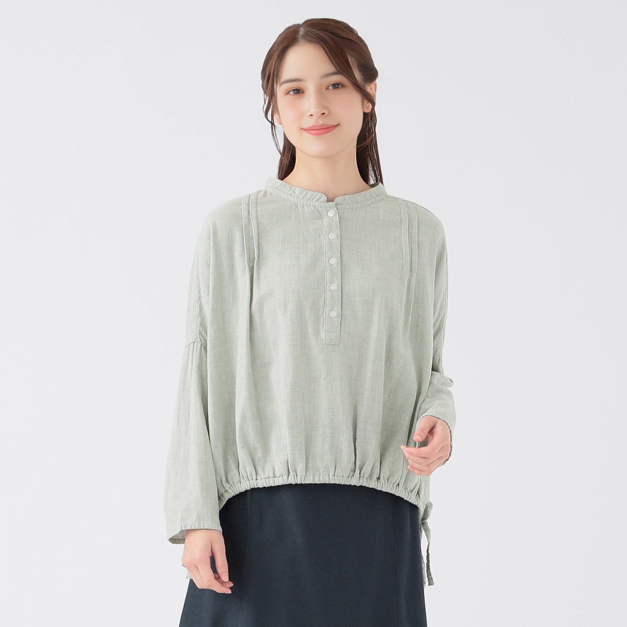 オーガニック綿糸ダブルガーゼ スタンドドロストブラウス レディス