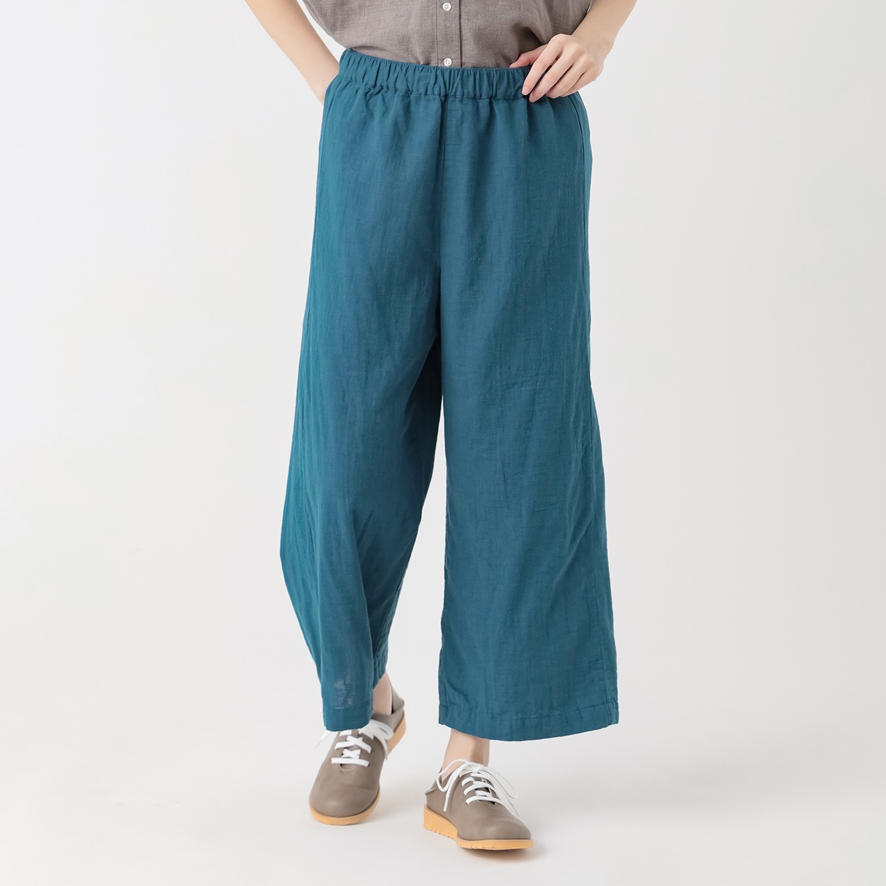 オーガニック綿糸 ダブルガーゼワイドパンツ レディス SELF+SERVICE(セルフ＋サービス) PLS-71146-SS(ウスアオ-XL)