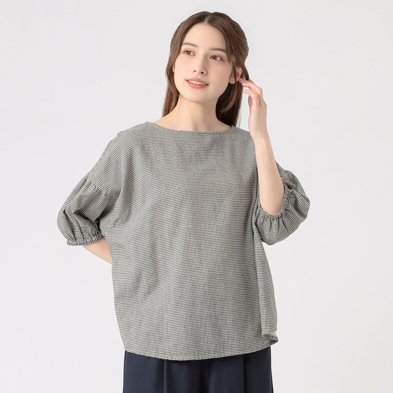 オーガニック綿糸 クルーギャザーブラウス レディス SELF+SERVICE(セルフ＋サービス) PLS-71156-SS(ウスクロ-M)