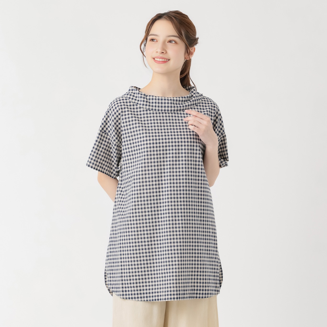 ロールネックチュニック レディス SELF+SERVICE(セルフ＋サービス) PLS-71175-SS(Ａアオ（ギンガムチェック）-L)