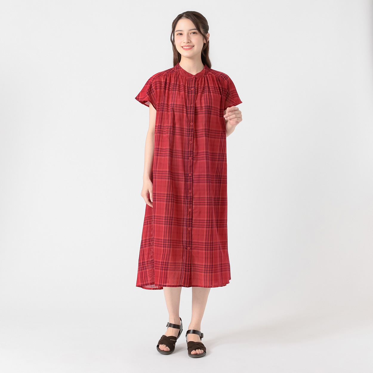 タータンチェックスリーブワンピ  オーガニック綿入 レディス SELF+SERVICE(セルフ＋サービス) TK526408-SS(アカ-XL)