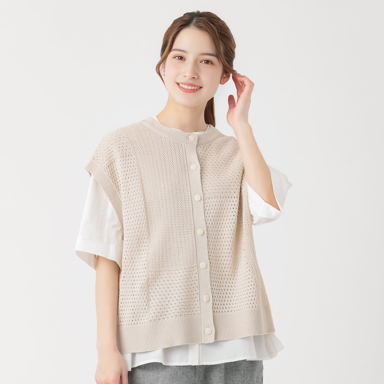 パッチワーク2wayベスト 再生ポリエステル入 レディス SELF+SERVICE(セルフ＋サービス) CP697501-SS(ウスチャ-L)