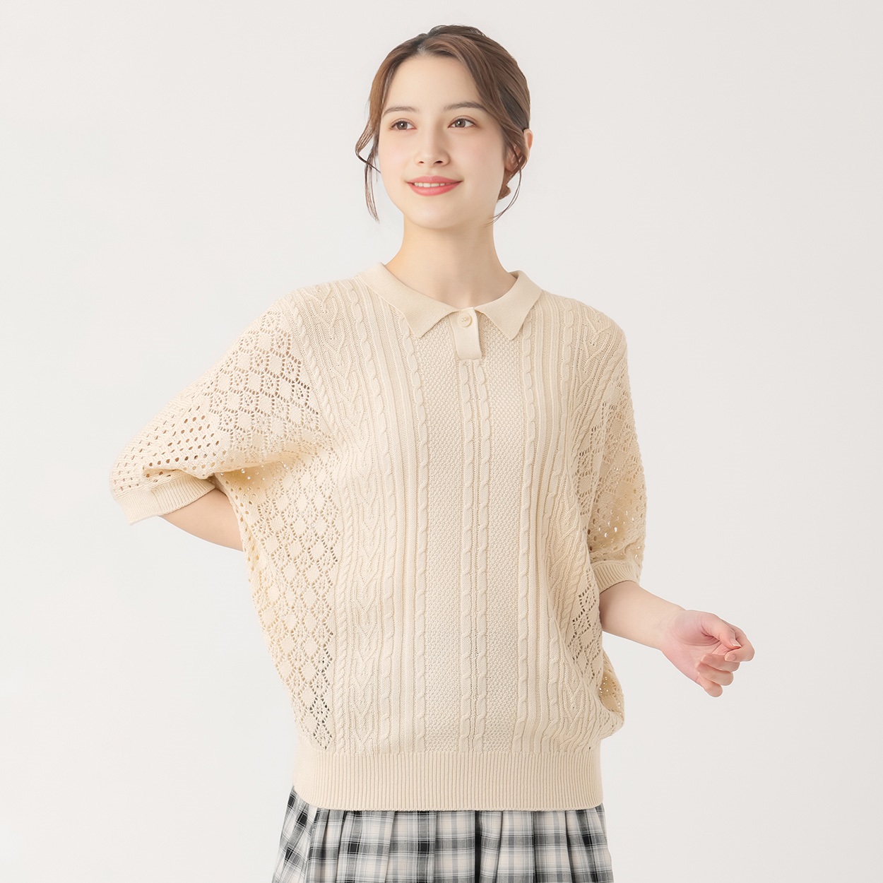 『リンネル６月号 掲載 ゆべしさん着用商品』EXPAND透かし編みニットプルオーバー レディス SELF+SERVICE(セルフ＋サービス) SP-K19315-SS(キナリ-L)