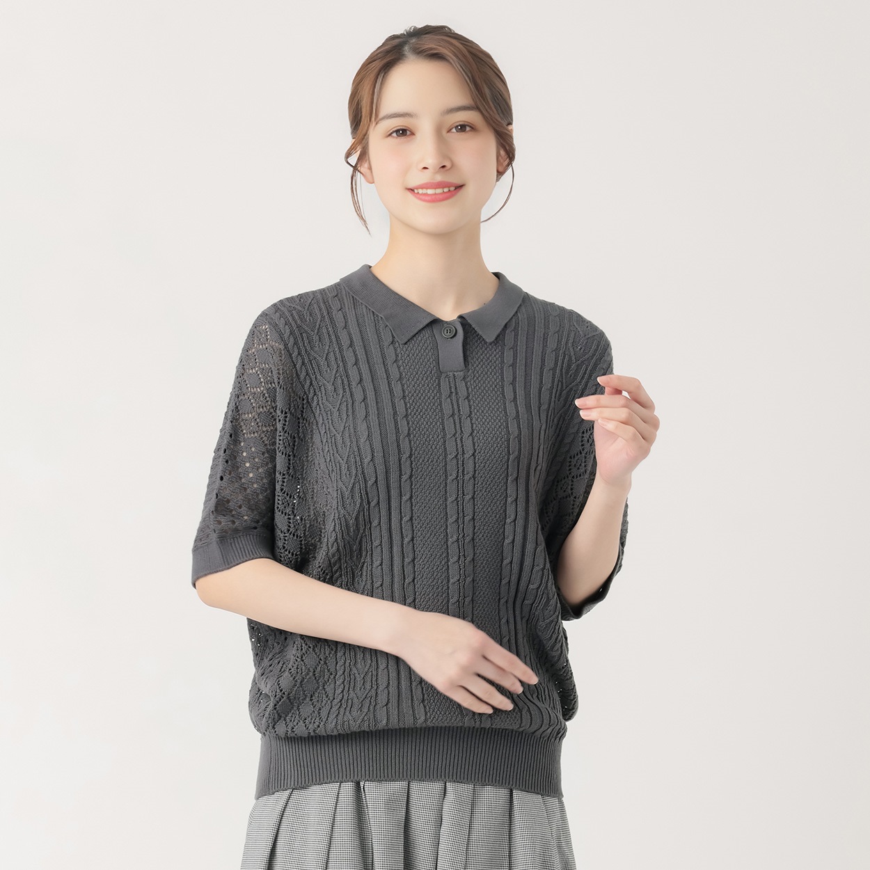 『リンネル６月号 掲載 ゆべしさん着用商品』EXPAND透かし編みニットプルオーバー レディス SELF+SERVICE(セルフ＋サービス) SP-K19315-SS(チャコ－ルグレ－-L)