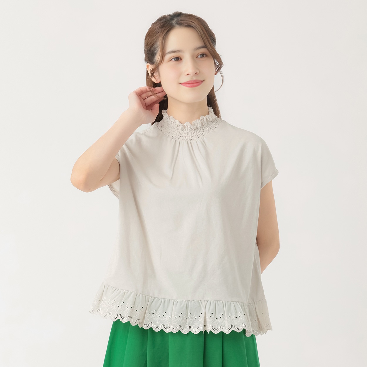 『リンネル６月号 掲載 ゆべしさん着用商品』カポックレース付 プルオーバー レディス SELF+SERVICE(セルフ＋サービス) SP-K19319-SS(Ａウスクロ-M)