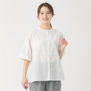 幾何刺繍切り替えシャツ オーガニック綿入 レディス SELF+SERVICE(セルフ＋サービス) HC2606138-SS(シロ-M)