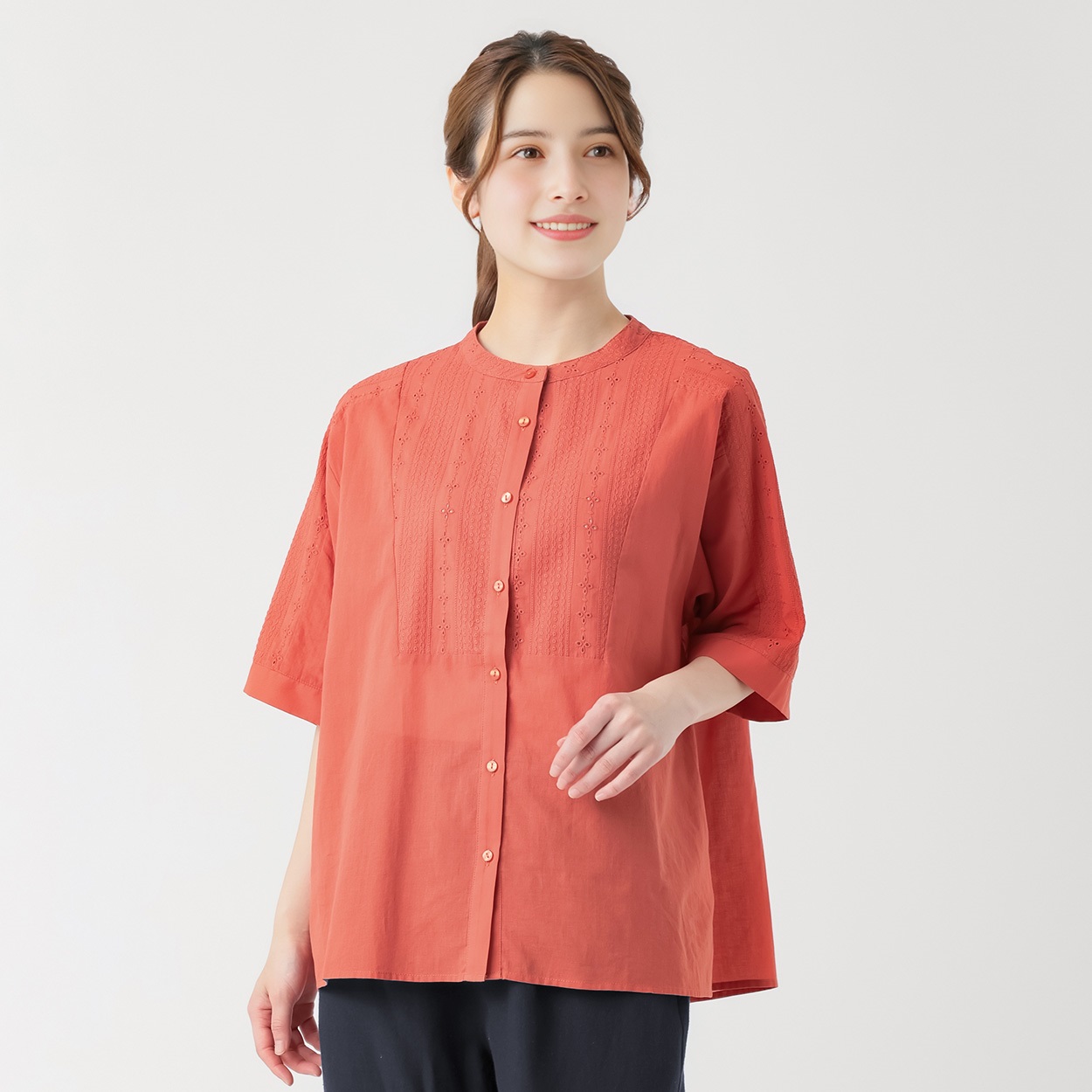 幾何刺繍切り替えシャツ オーガニック綿入 レディス SELF+SERVICE