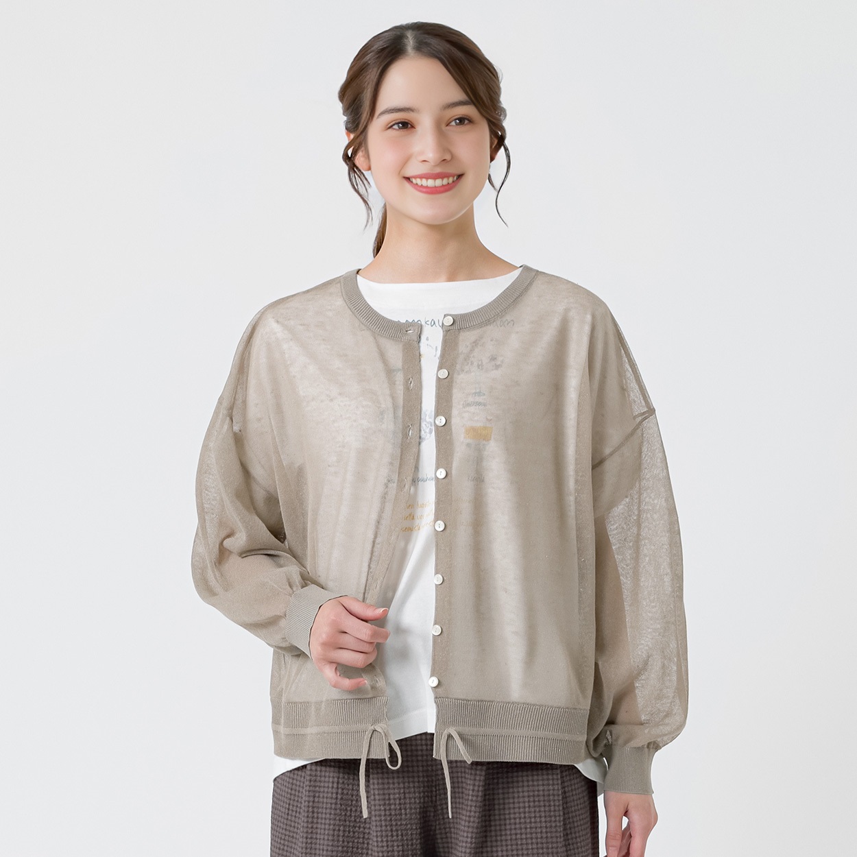 リネン入 裾ドロストクルーカーデ レディス SELF+SERVICE(セルフ＋サービス) SP-K19326-SS(チャ-L)
