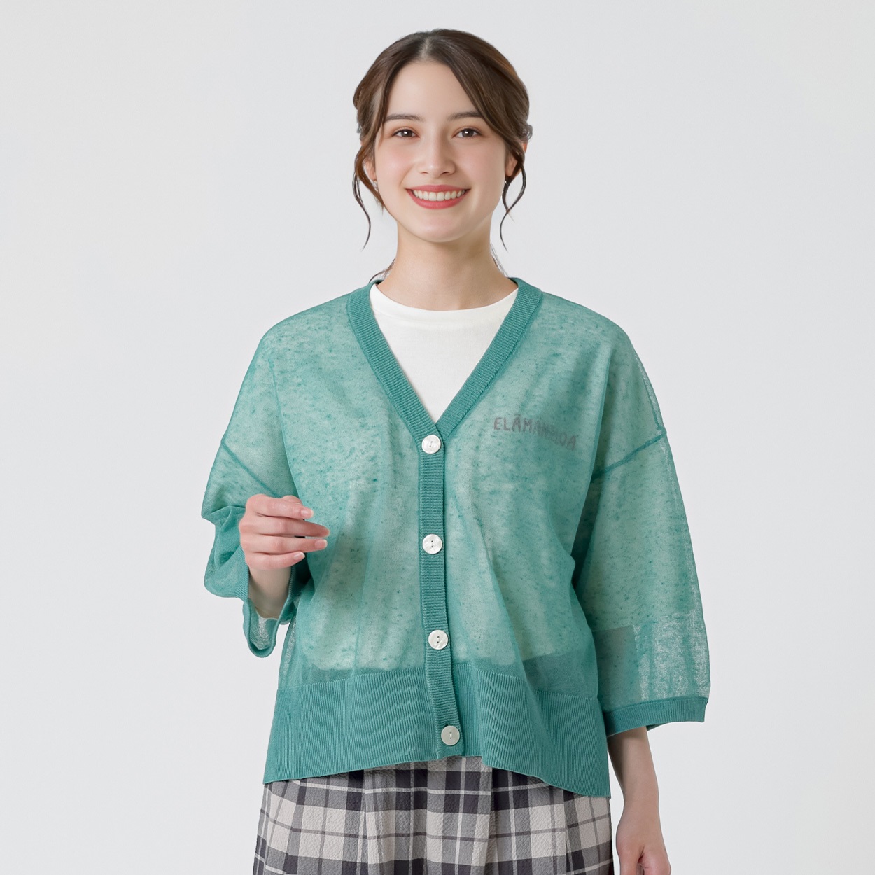 リネン入 Vネックカーデ レディス SELF+SERVICE(セルフ＋サービス) SP-K19327-SS(ミドリ-M)