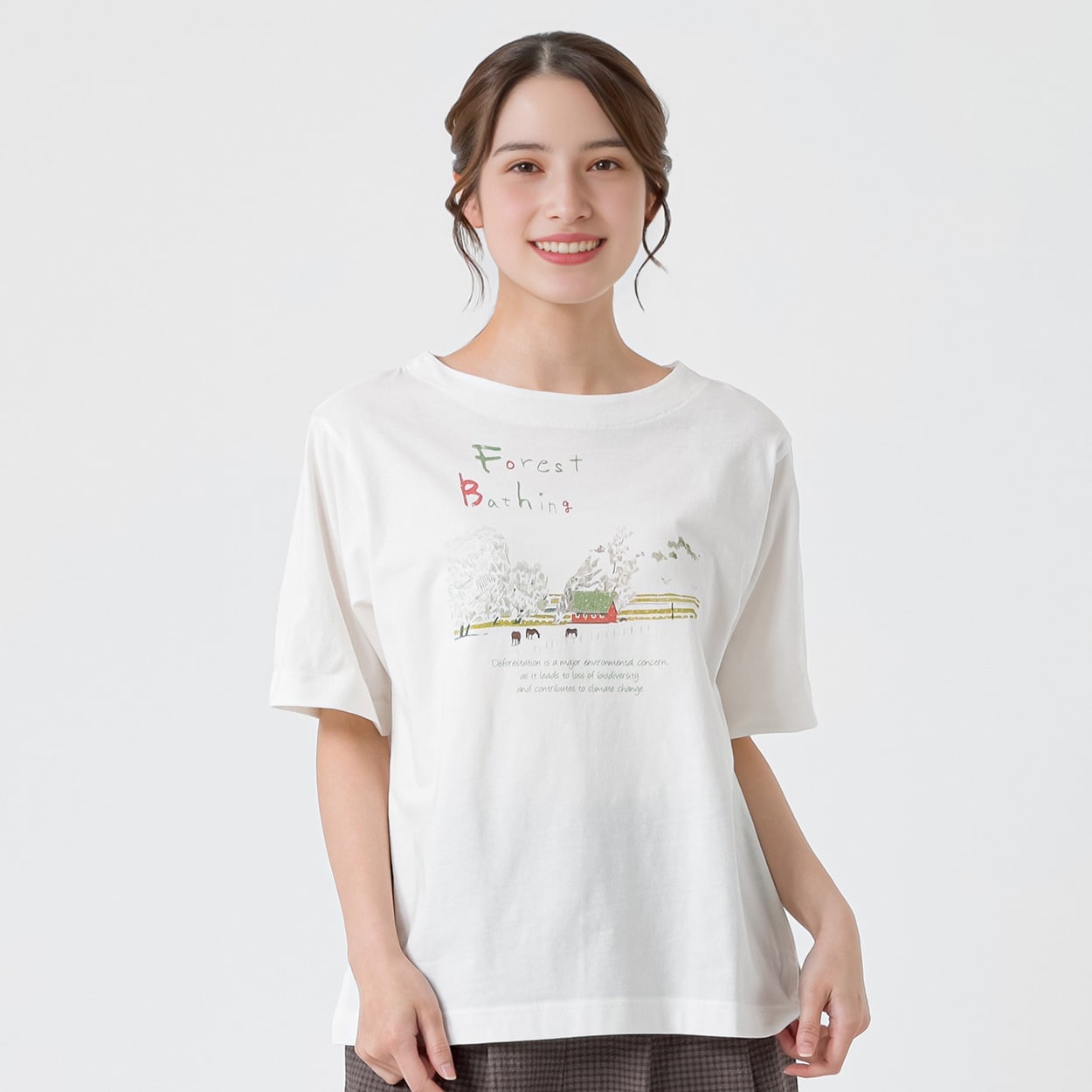 オーガニック綿糸フォレストプリントTシャツ レディス SELF+SERVICE(セルフ＋サービス) MRCT262340010(シロ（風景）-M)