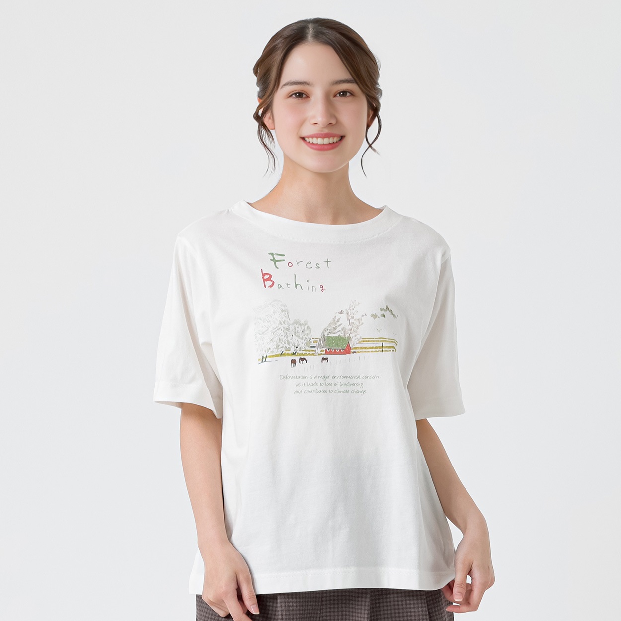 オーガニック綿糸フォレストプリントTシャツ レディス SELF+SERVICE(セルフ＋サービス) MRCT262340010(シロ（風景）-L)