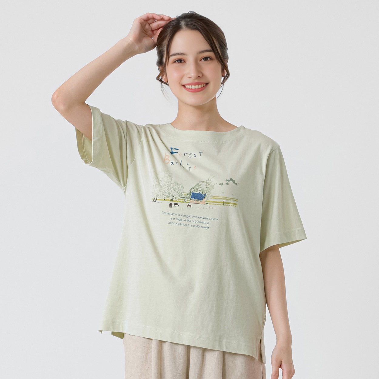 オーガニック綿糸フォレストプリントTシャツ レディス SELF+SERVICE(セルフ＋サービス) MRCT262340010(ウスミドリ-L)