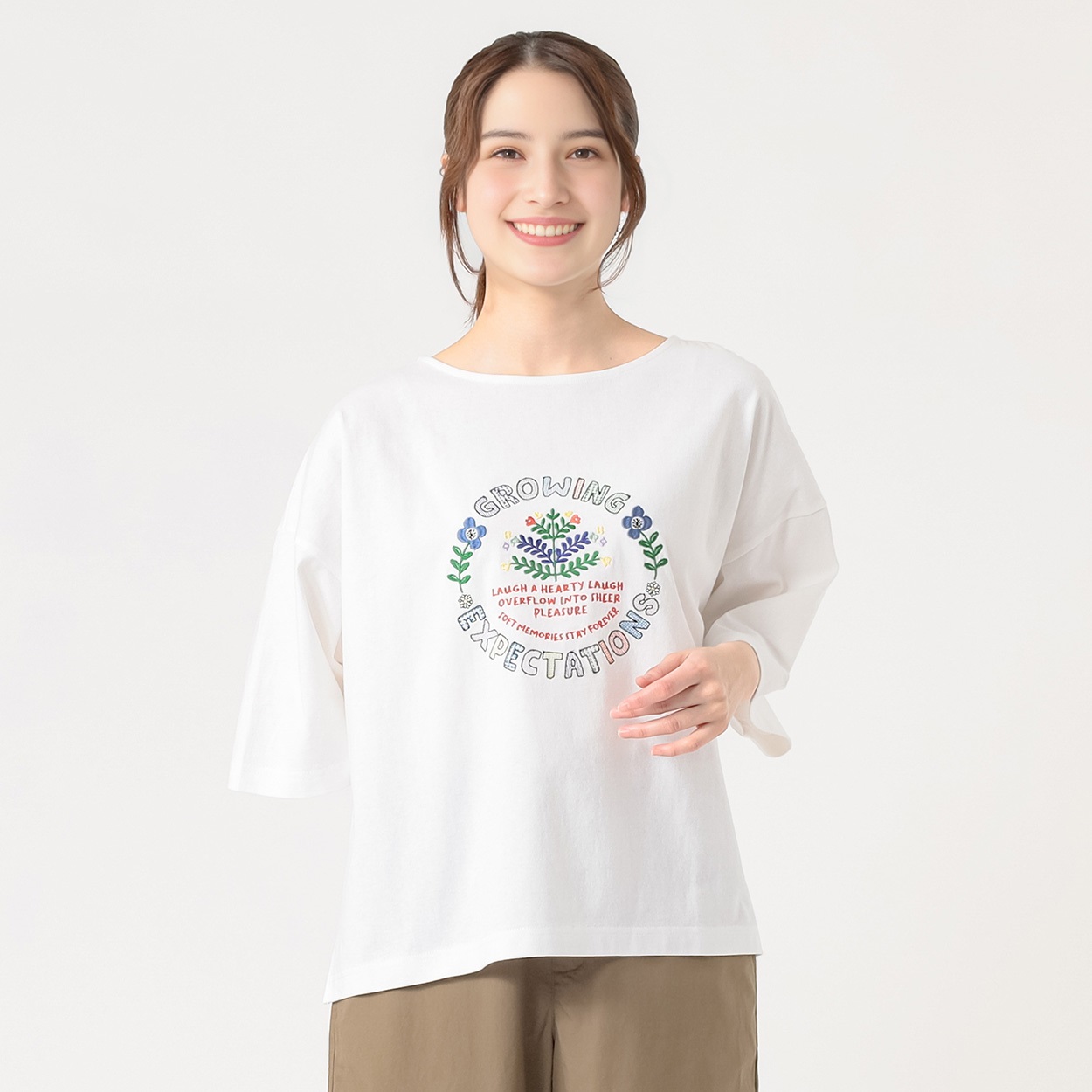 オーガニック綿入 花刺繍 半袖T レディス SELF+SERVICE(セルフ＋ 