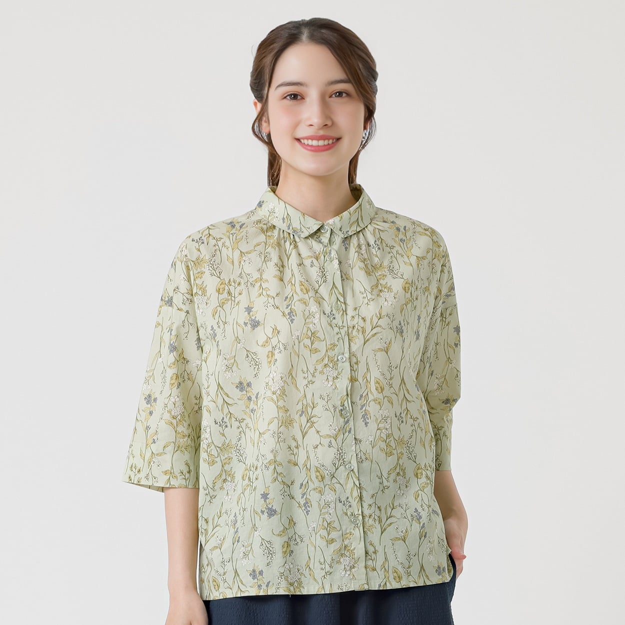 オーガニック綿糸ボタニカル柄ブラウス レディス SELF+SERVICE(セルフ＋サービス) P29052-SS(ウスミドリ-XL)