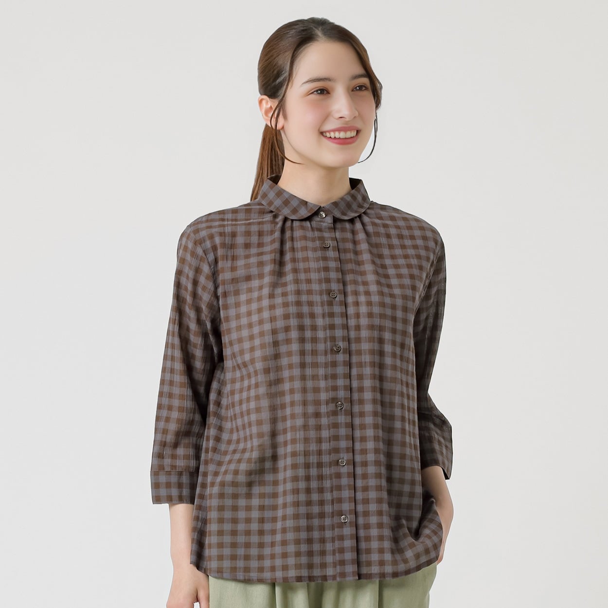 オーガニック綿糸ラウンドチビエリシャツ レディス SELF+SERVICE(セルフ＋サービス) PLS-71257-SS(コイチャ-M)