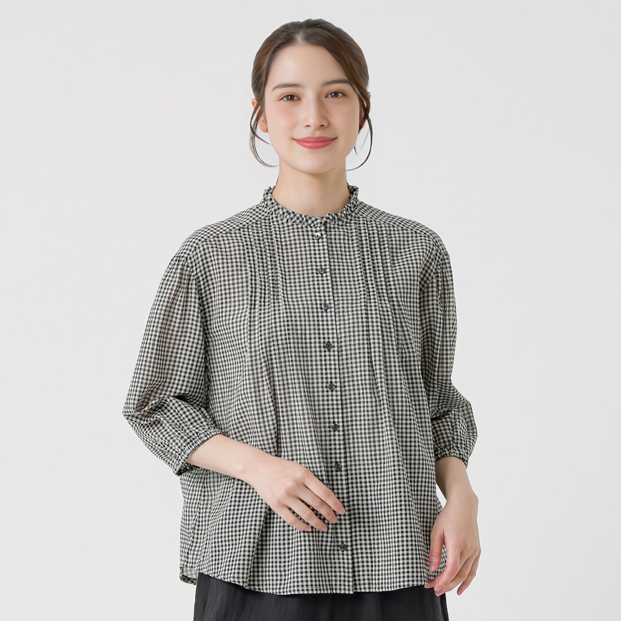 オーガニック綿糸フリルピンタックシャツ レディス SELF+SERVICE(セルフ＋サービス) PLS-71258-SS(クロ-XL)
