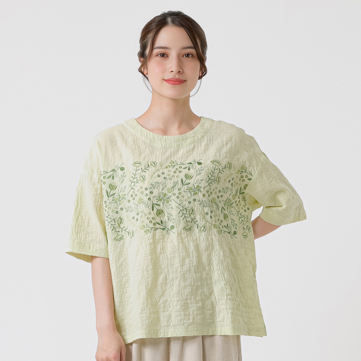 オーガニック綿入 楊柳刺繍入Ｔブラウス レディス SELF+SERVICE(セルフ＋サービス) GL1266374-SS(ウスミドリ-M)