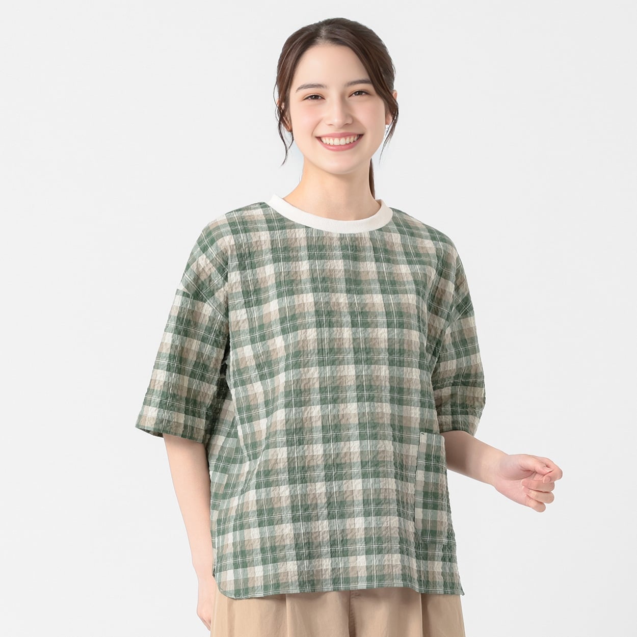 オーガニック綿入 綿サッカーチェックTブラウス レディス SELF+