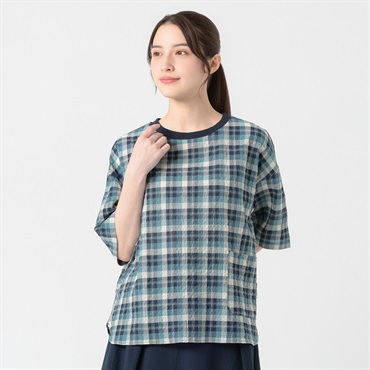 オーガニック綿入 綿サッカーチェックＴブラウス レディス SELF+SERVICE(セルフ＋サービス) GL1266375-SS(Ａコイアオ-M)