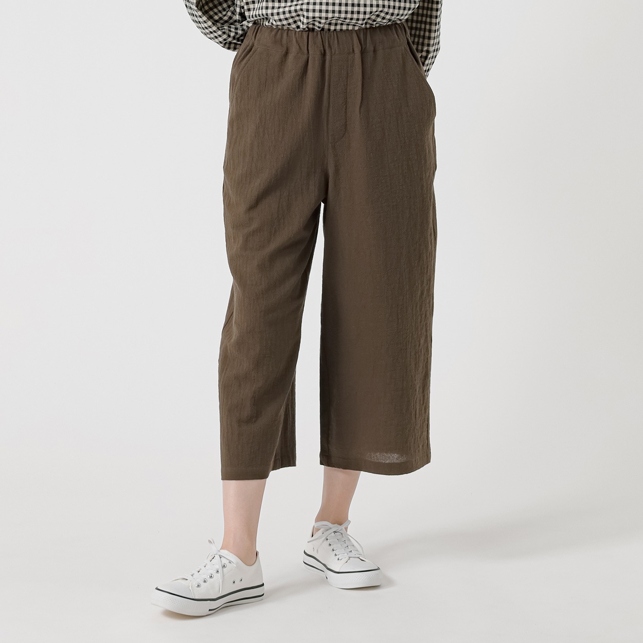 ウォッシュド綿ワイドクロプトパンツ オーガニックコットン入 レディス SELF+SERVICE(セルフ＋サービス) TK526423-SS(コイチャ-S)