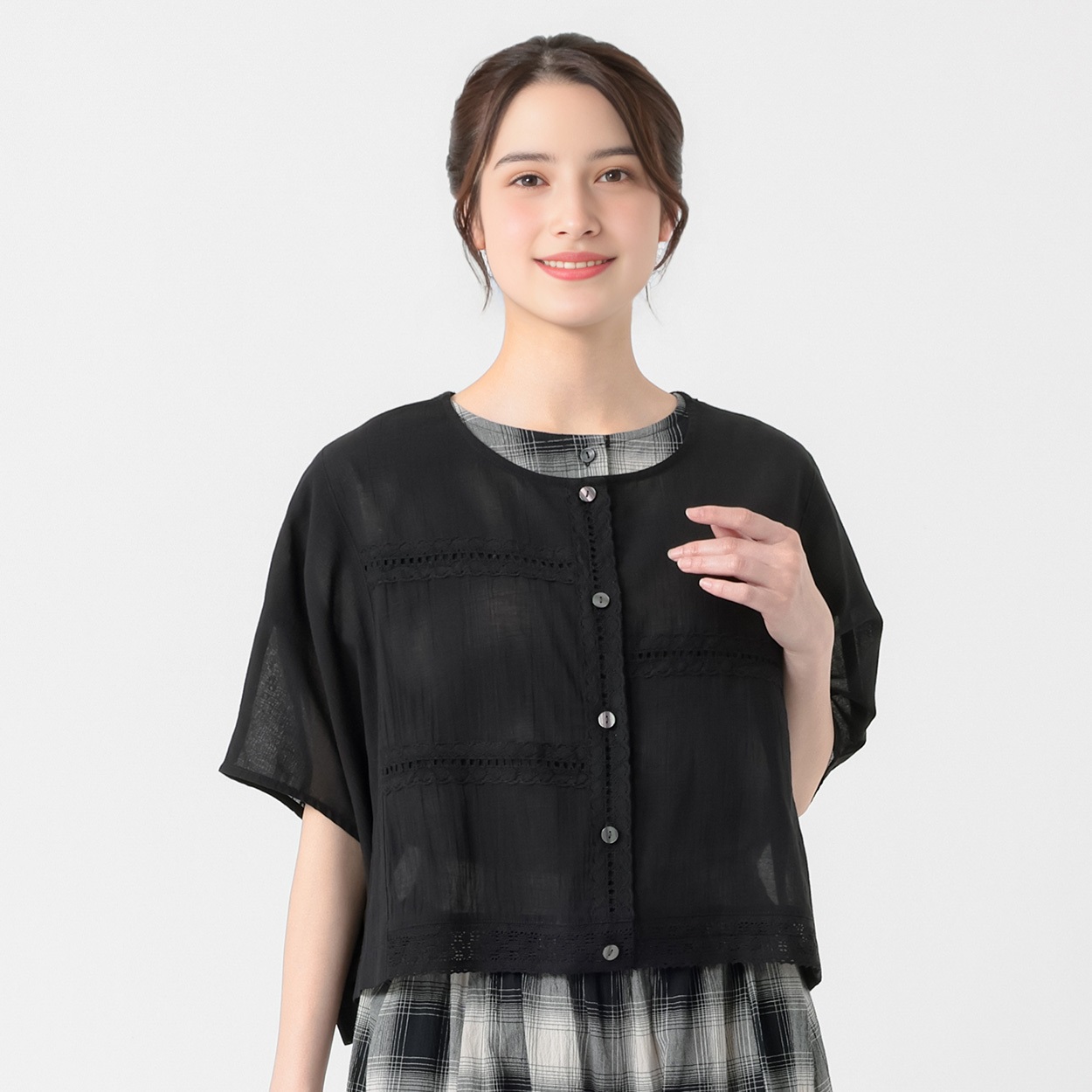 EXPAND レース羽織 レディス SELF+SERVICE(セルフ＋サービス) EQP-L26269-SS(クロ-L)