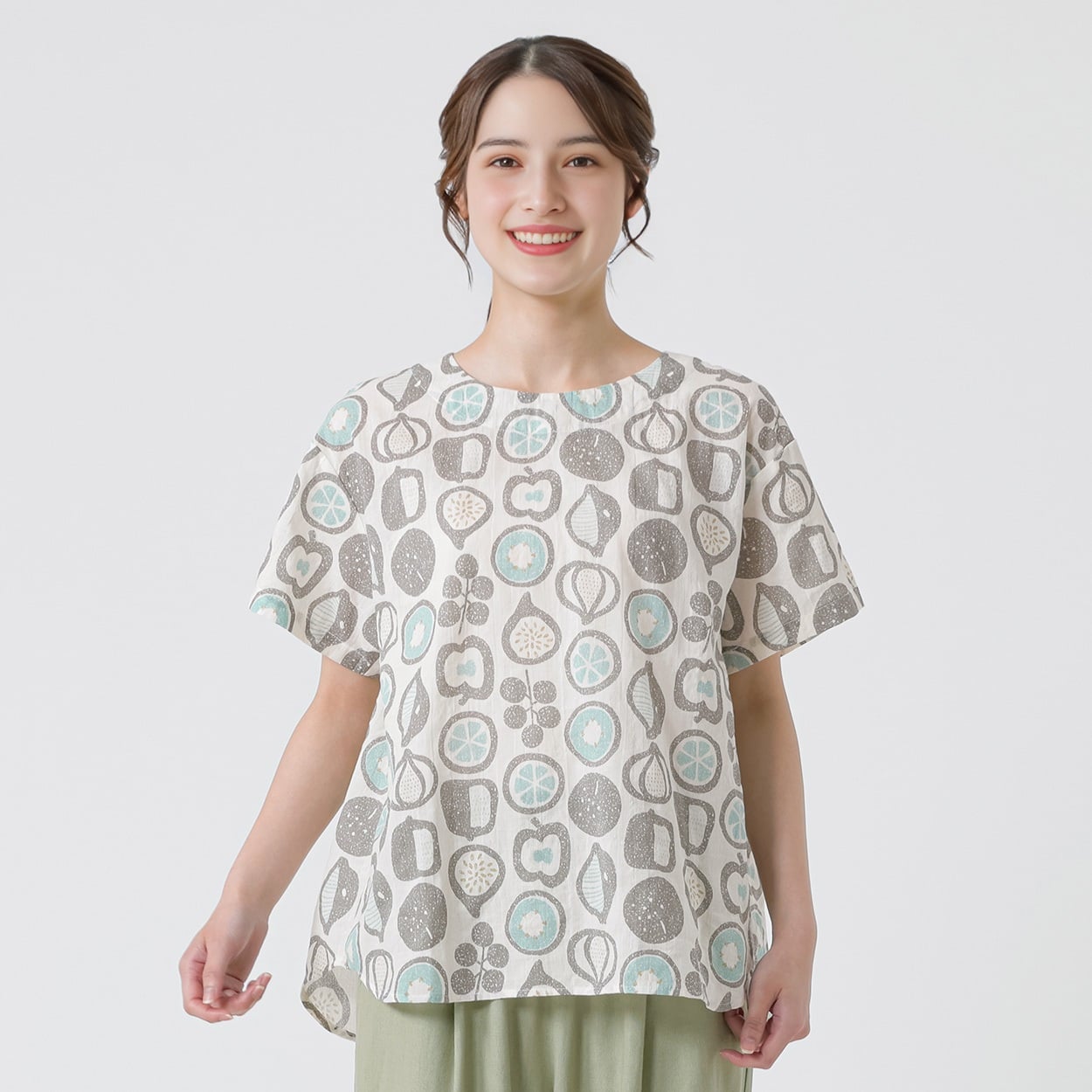 楊柳フルーツ柄ティーブラウス オーガニック綿入 レディス SELF+SERVICE(セルフ＋サービス) GL1266201-SS(シロ-M)