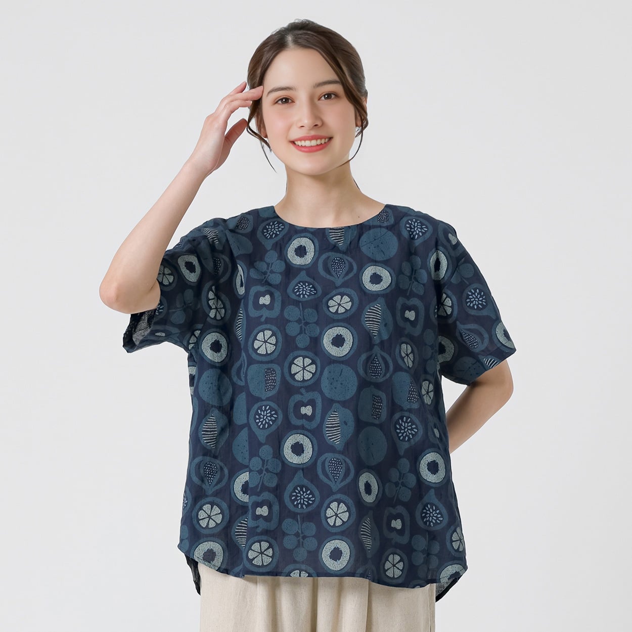 楊柳フルーツ柄ティーブラウス オーガニック綿入 レディス SELF+SERVICE(セルフ＋サービス) GL1266201-SS(Ａコイアオ-XL)