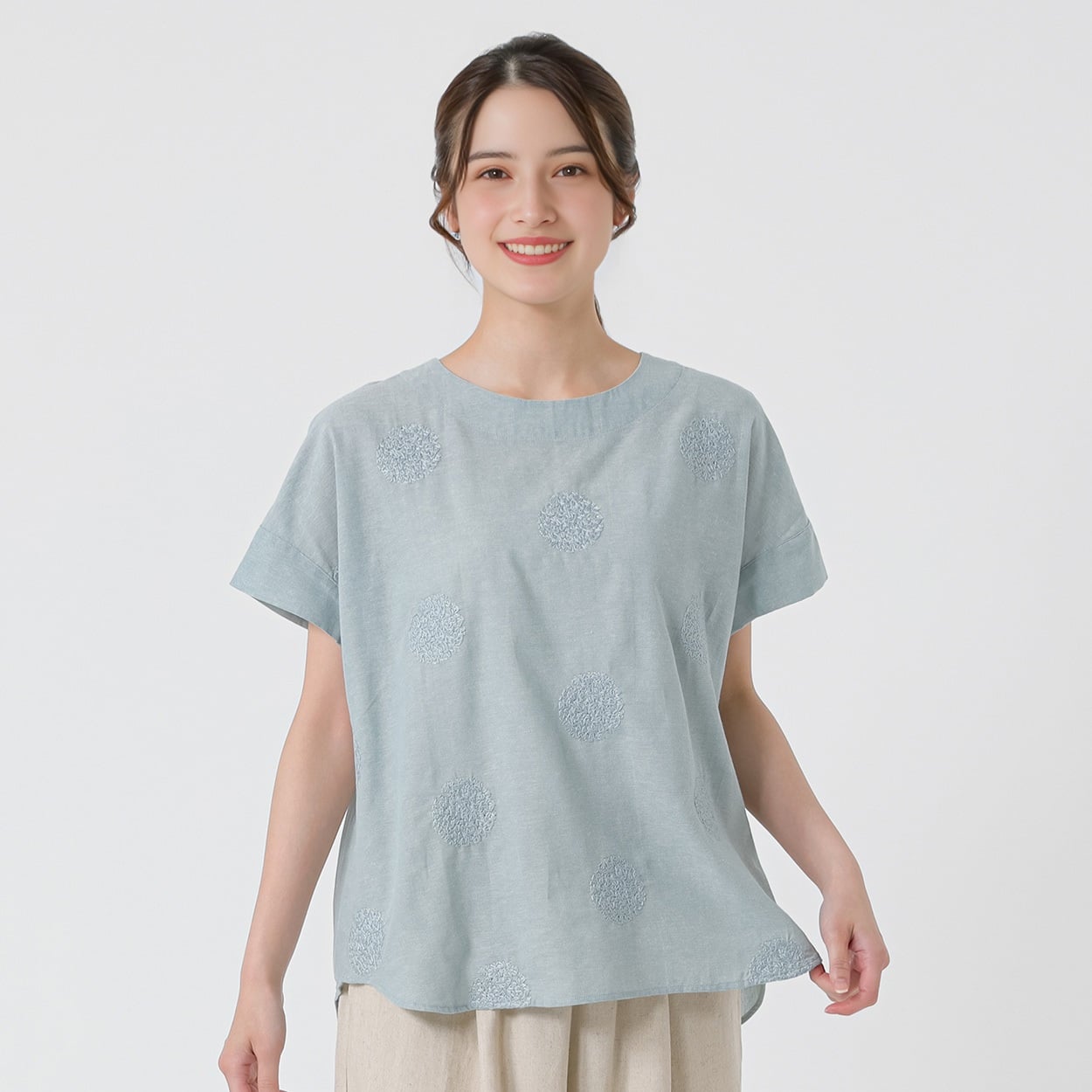 ドット刺繍ティーブラウス オーガニック綿入 レディス SELF+SERVICE(セルフ＋サービス) GL1266202-SS(ウスアオ-L)