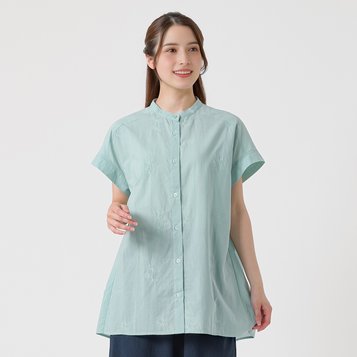 綿花柄刺繍使いチュニック オーガニック綿入 レディス SELF+SERVICE(セルフ＋サービス) GL1266389-SS(ウスアオ-L)