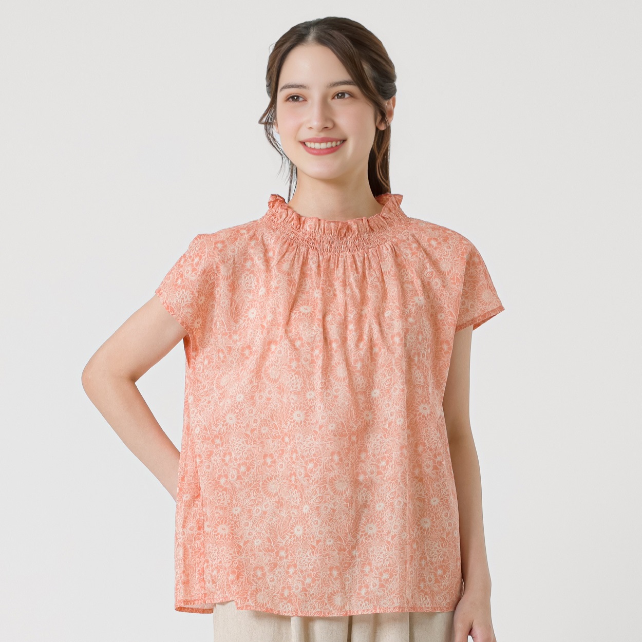 襟シャーリングブラウス オーガニックコットン入 レディス SELF+SERVICE(セルフ＋サービス) GL1266504-SS(ダイダイ-L)