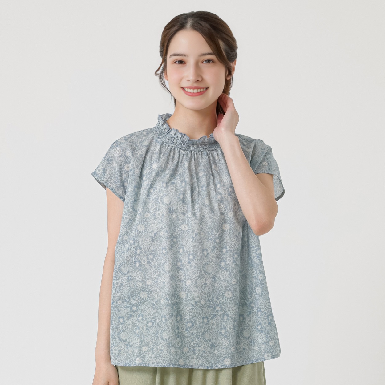 襟シャーリングブラウス オーガニックコットン入 レディス SELF+SERVICE(セルフ＋サービス) GL1266504-SS(アオ-L)