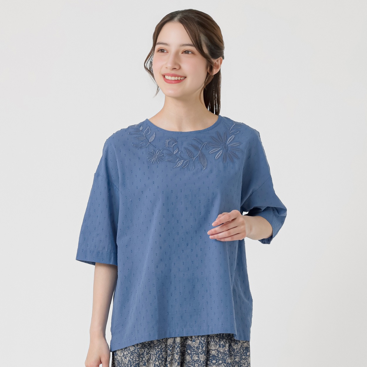 カットドビー刺繍入ブラウス オーガニックコットン入 レディス SELF+SERVICE(セルフ＋サービス) GL1266506-SS(アオ-M)