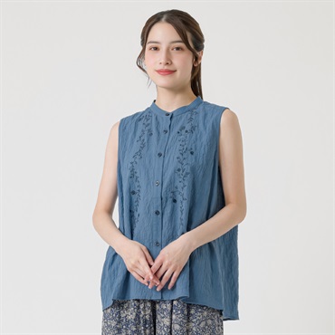 植物柄刺繍入ブラウス オーガニックコットン入 レディス SELF+SERVICE(セルフ＋サービス) GL1266508-SS(アオ-M)