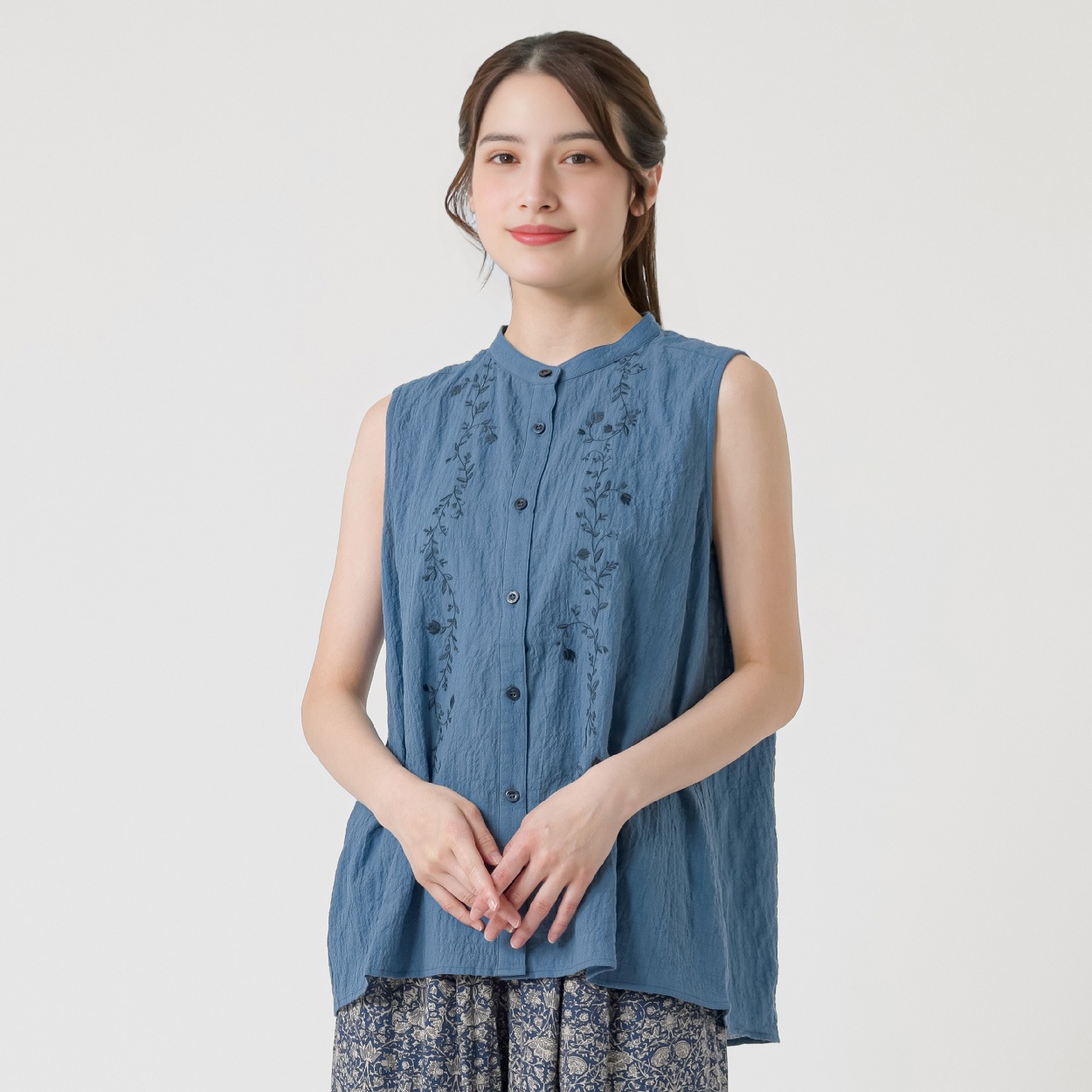 植物柄刺繍入ブラウス オーガニックコットン入 レディス SELF+SERVICE(セルフ＋サービス) GL1266508-SS(アオ-XL)