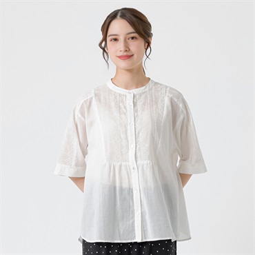 幾何刺繍切り替えシャツ オーガニック綿入 レディス SELF+SERVICE(セルフ＋サービス) HC261141-SS(シロ-M)