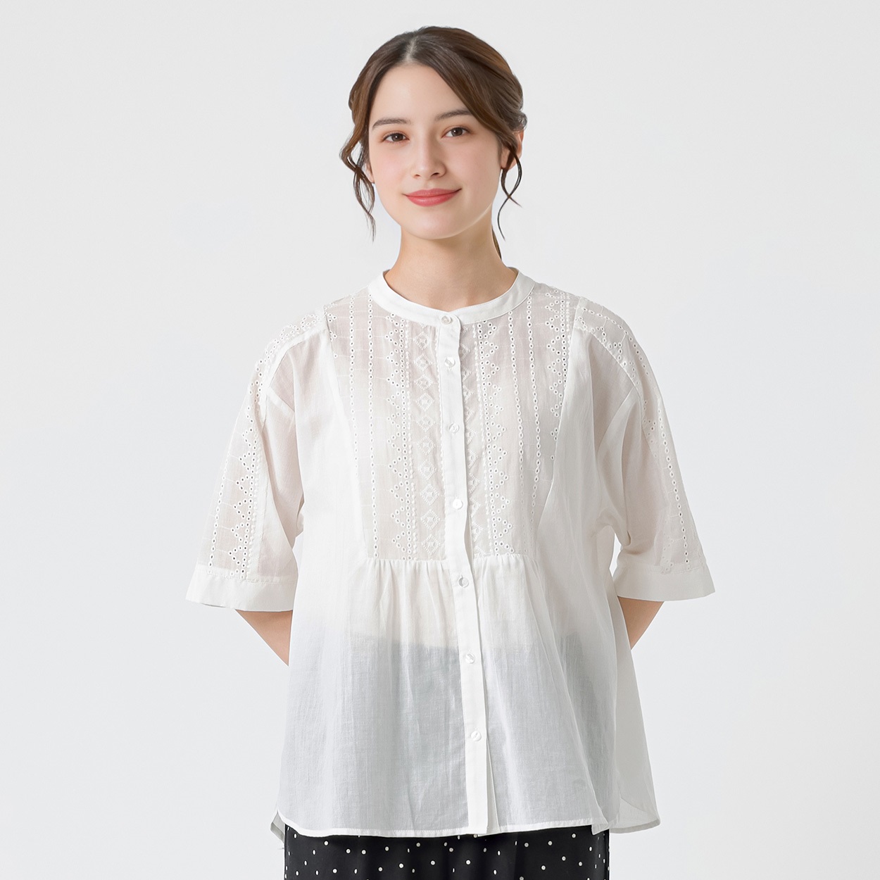 幾何刺繍切り替えシャツ オーガニック綿入 レディス SELF+SERVICE(セルフ＋サービス) HC261141-SS(シロ-L)