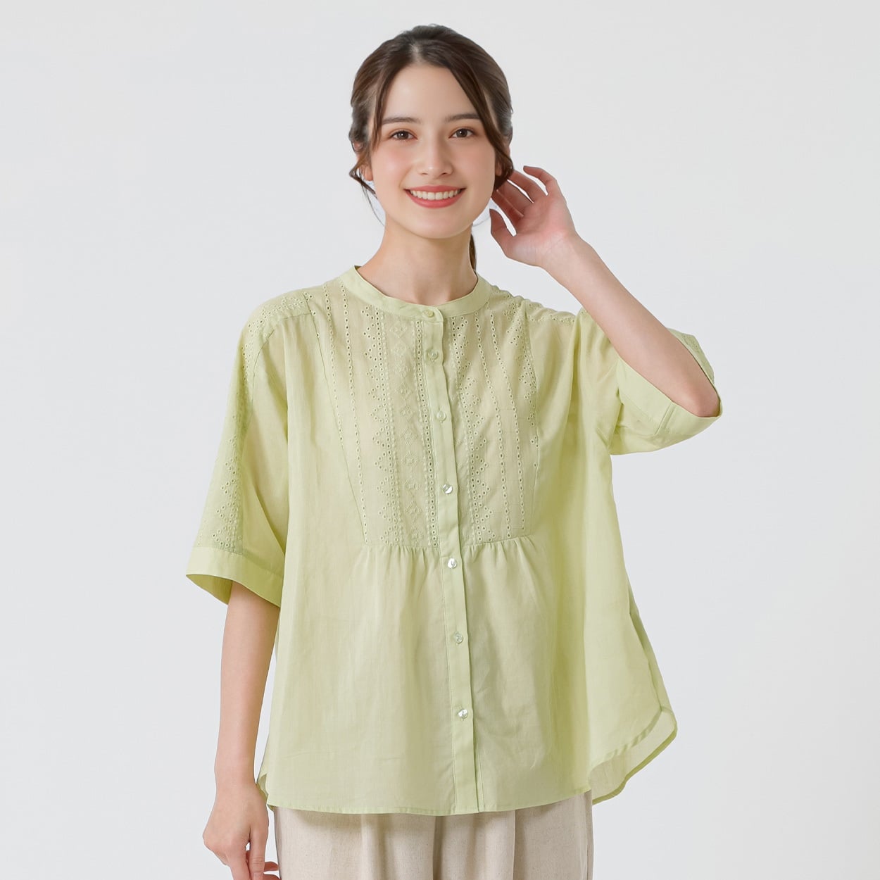 幾何刺繍切り替えシャツ オーガニック綿入 レディス SELF+SERVICE(セルフ＋サービス) HC261141-SS(ウスミドリ-XL)