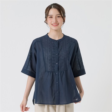 幾何刺繍切り替えシャツ オーガニック綿入 レディス SELF+SERVICE(セルフ＋サービス) HC261141-SS(コイアオ-M)